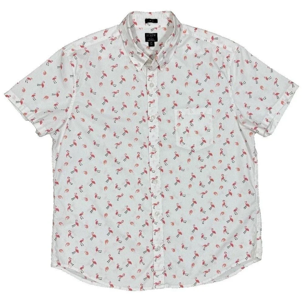 J.Crew Mens XL Flex Washed Shirt Pink Flamingo Print Short Sleeve Button Up